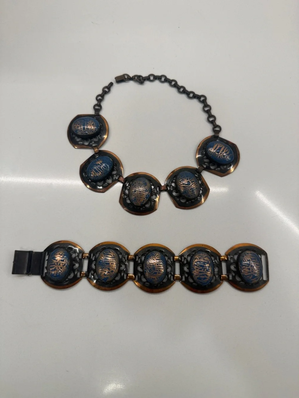 Vintage Artisan Mixed Metal Blue Cabochon Necklace & Bracelet Set